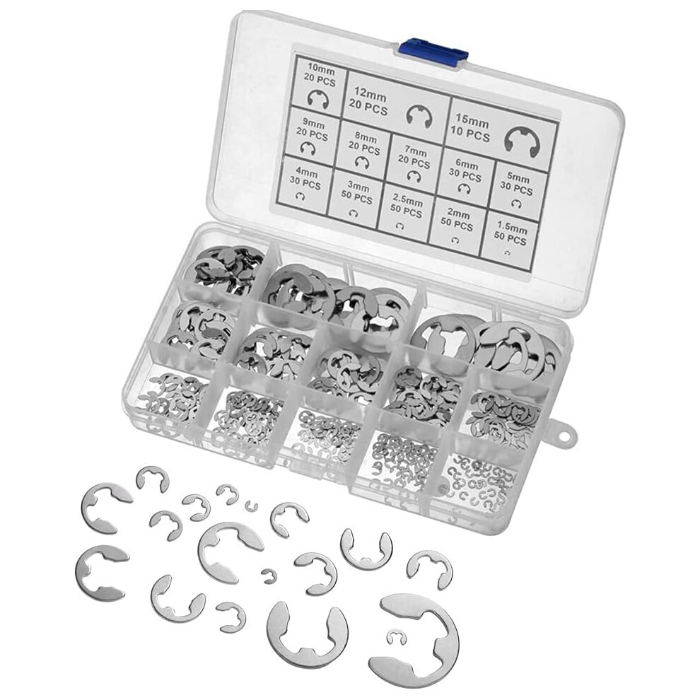 Assortment Set Of Stainless Steel E-Clips, Corrosion Resistant And Heat-Treated For Tough Environments, 13 Sizes To Suit Every Securing Need In The Wo 9198585147409