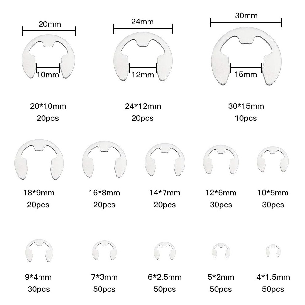 Precision-Crafted E-Clip External Retaining Ring Assortment For Diverse Applications, Stainless Steel Heat-Treated Opening Snap Ring Circlip Kit With 9048212416883