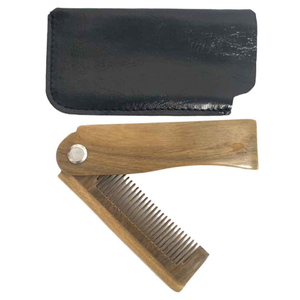 Portable Folding Sandalwood Hair Comb With Leather Case Beard And Mustache Styling Wooden Pocket Comb For Travel