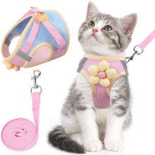 Cat Harness and Leash Set Escape Proof, Adjustable Harness, Breathable Mesh With Reflective Strips, Flower Design XS