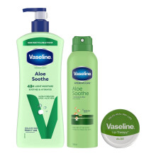 Vaseline Aloe Soothe Bundle Lotion 600ml Spray Moisturiser 190ml Lip Therapy 20g