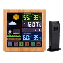 Weather Station Indoor Outdoor Temperature Humidity Monitor Forecast Clock Backlit Display Wood Grain Color 19x5x25cm
