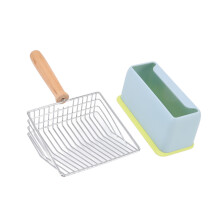 Pá para areia de gato com cabo ergonômico de madeira, feita de aço inoxidável durável para limpeza pesada e fácil manutenção.