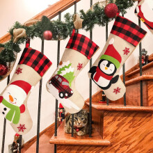 Plaid Christmas Stockings, Family Holiday Decoration Burlap Lined, Rustic Burlap & White Cotton Linen, Perfect for Fireplace Hanging, Spacious