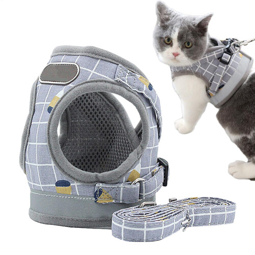 Cat Harness Size M, Adjustable, Breathable Mesh WeatherResistant, Grey Plaid