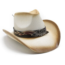 Chapeau de cowboy en paille noir à larges-Café blanc au lait