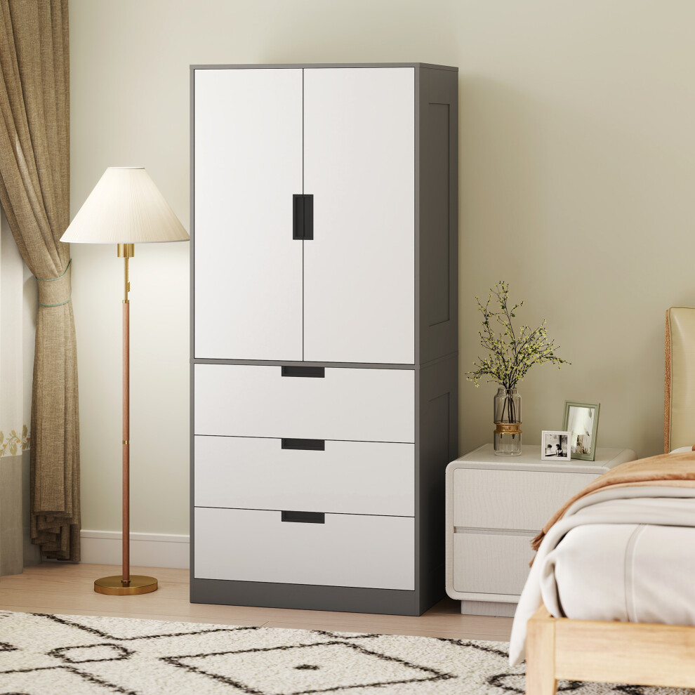 Homcom 2 Door Wardrobe Modern Wardrobe With 3 Drawer And Hanging Rod, Grey