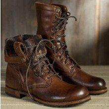 (Brown, 7.5) Mens Retro Lace Up Gothic Mid Calf Boots Motorcycle Shoes Riding Military