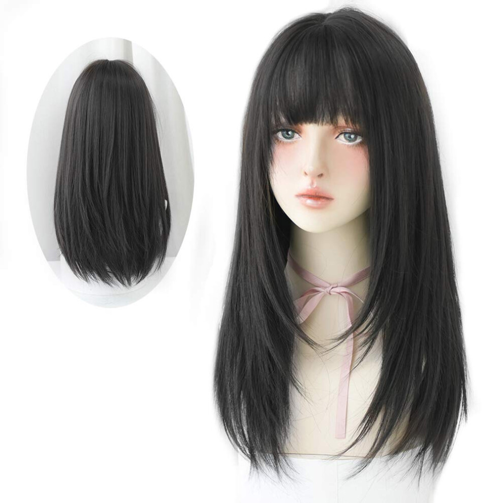 Unisex Black Long Straight With Bangs Synthetic High Density Wig For Women