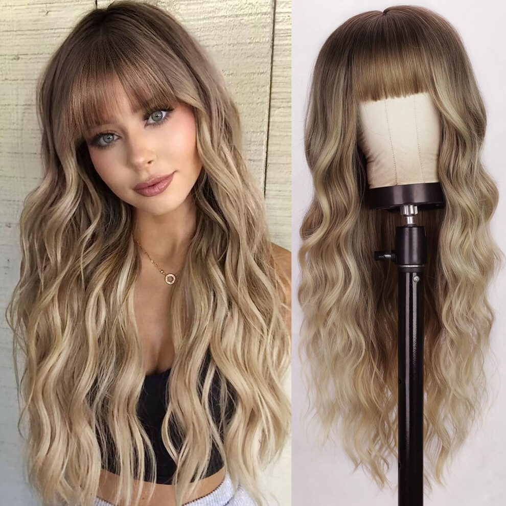 Unisex Dark Blonde Long Wavy Curly Ombre Root Synthetic Heat Resistant Wig For Party 26 Inches