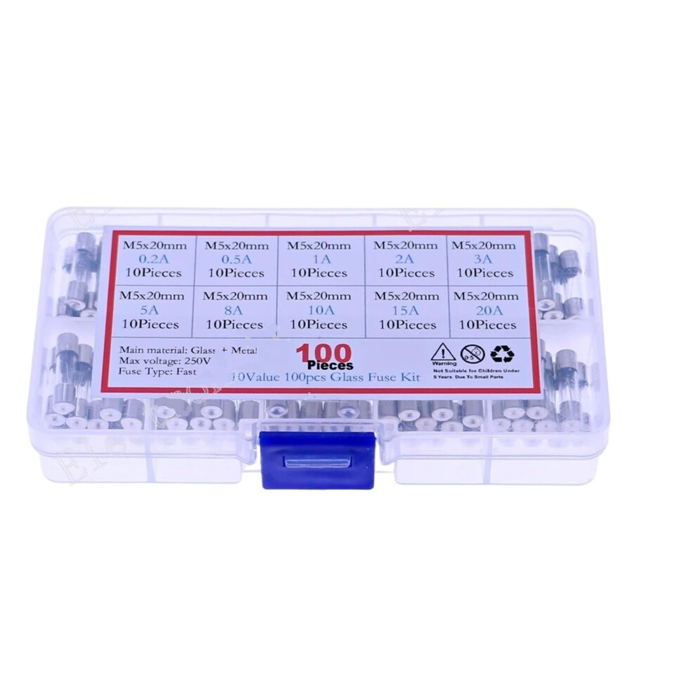 100Pcs 5X20mm 12V 250V Fastblow Glass Fuse Assorted Kit 0.2A 0.5A 1A 2A 3A 5A 8A 10A 15A 20A Amp Fuses Tube Mix Set 9426802919233