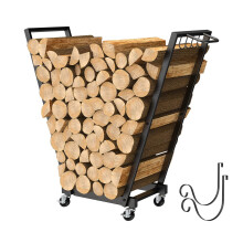 Firewood Rack On Wheels, Rolling Cart Log Rack Holder Indoor Outdoor Wood Stand with Handle, 4 Hooks Removable Kindling Rack