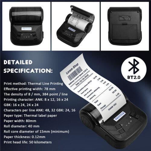 80mm Mini Thermal Printer Portable,Lightweight Design High-Speed Bluetooth Printer for Android, IOS, Windows UK Plug 2