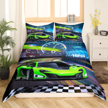 Fluorescent Green Race Car Duvet Cover for Kids Extreme Sports Queen Size