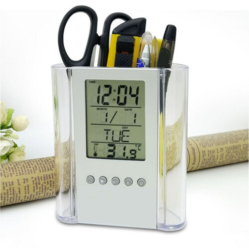 Elegante portapenne a rete, orologio da scrivania digitale LCD con cassetti automatici e timer per casa e ufficio. 1