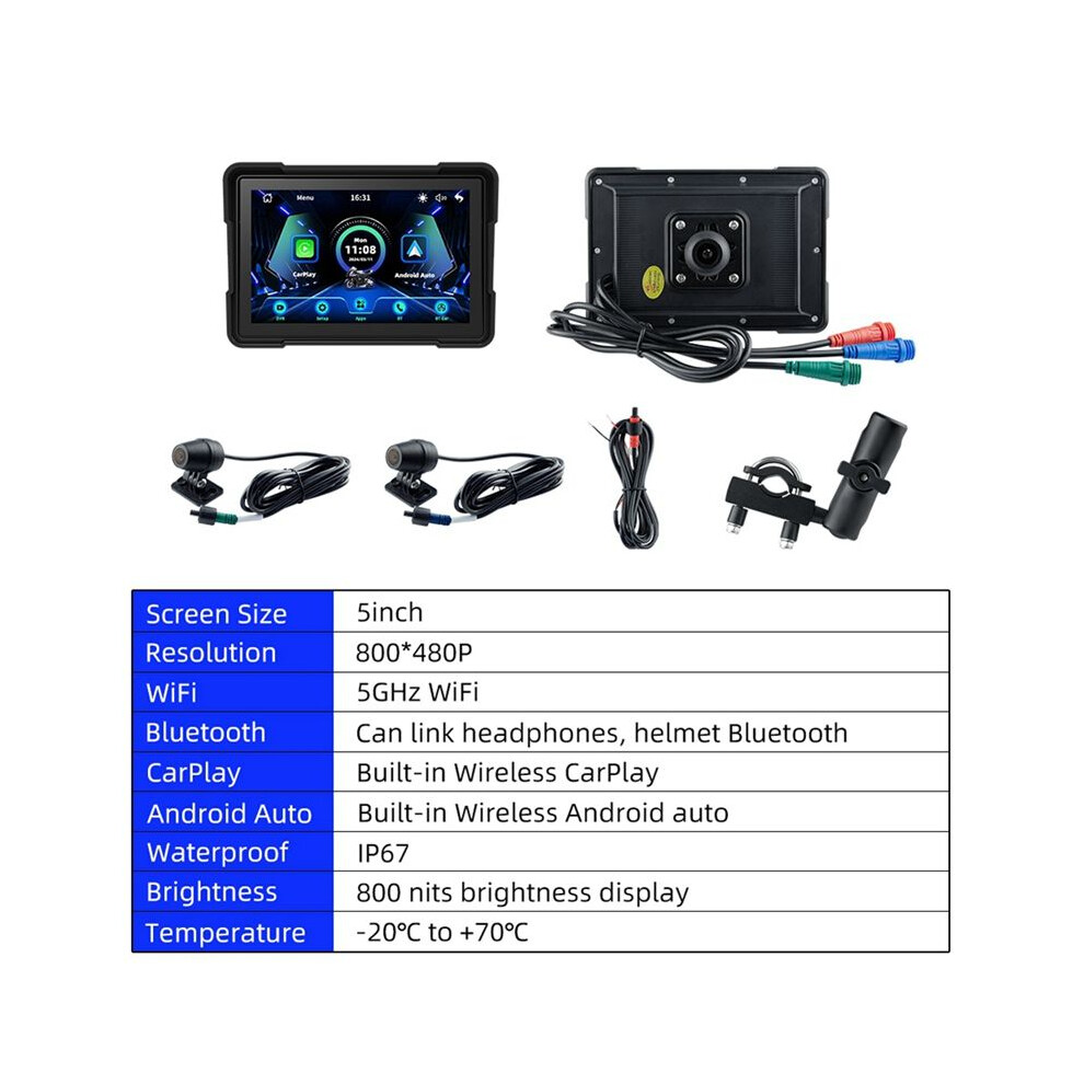 Wireless Carplay Motorcycle Android Auto 5 Inch Motorcycle Gps Navigation Waterproof Dual Bt Dual Cam Recorder B 4712456107337