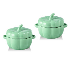 2 Individual Casserole Ceramic Pumpkin Bowl Green Baking Bowl for Oven Bakeware 14 Oz