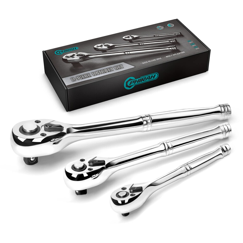 3Piece Ratchet Set, 1/4', 3/8', 1/2' Drive Ratchet Wrench, 72Tooth Quickrelease Reversible Socket Wrench,Crv Handle,Teardrop Head,Eva Storage 9365049342650