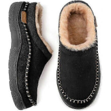(7-8, Black) Men's Slip On Moccasin Slippers, Indoor/Outdoor Warm Fuzzy Comfy House Shoes, Fluffy Wide Loafer Slippers