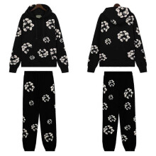 (M, black) Fall and Winter New DENIM Cotton Foam Printed High Street Casual Top + Pants Set New Arrival