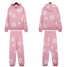 (XL, pink) Fall and Winter New DENIM Cotton Foam Printed High Street Casual Top + Pants Set New Arrival