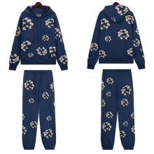 (XL, navy blue) Fall and Winter New DENIM Cotton Foam Printed High Street Casual Top + Pants Set New Arrival
