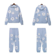 (S, blue) Fall and Winter New DENIM Cotton Foam Printed High Street Casual Top + Pants Set New Arrival