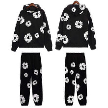 (XL, BLACK1) Fall and Winter New DENIM Cotton Foam Printed High Street Casual Top + Pants Set New Arrival