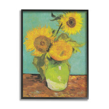 Wall Art Traditional Sunflower Painting Over Turquoise Design by Vincent Van Gogh Black Framed 11x14
