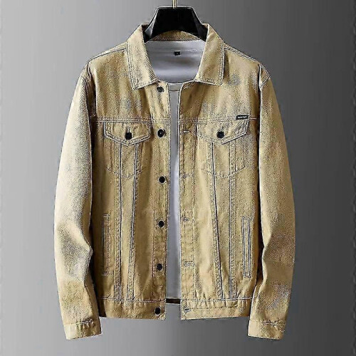 (S, khaki) Spring and Autumn Men's Casual Simple Solid Color Denim Jacketzz