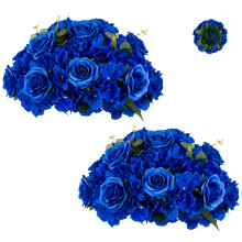 2 Pcs Artificial Large Royal Blue Fake Flowers Rose Hydrangea Ball Arrangement Center Pieces Silk Floral Bouquet for Wedding Party 15.7'