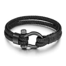 (Black) Leather Rope Braided Horseshoe Buckle Stainless Steel Bracelet Men's Accessories Titanium Steel Retro Jewelry