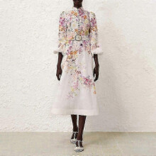 (2XL) Zim Style Natura Buttoned Belted Printed Linen Midi Dress