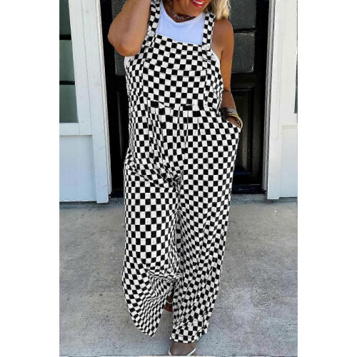 (S) Women's Black Checkered Print Pocketed Wide Leg Jumpsuit