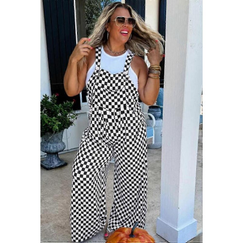 (S) Women's Black Checkered Print Pocketed Wide Leg Jumpsuit 2