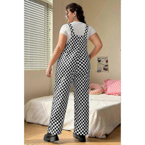 (S) Women's Black Checkered Print Pocketed Wide Leg Jumpsuit 1