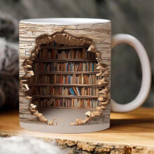 (C) 3d Bookshelf Coffee Mug Xmas Gift, Creative Space Design Multi-purpose Ceramic Mug Novelty 11oz Library Bookshelf Coffee And Tea Mug