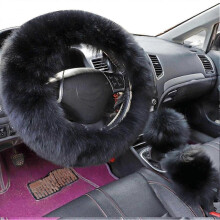 (Black) 3pcs/set Faux Wool Steering Wheel Gear Shift Rod Brake Fluffy Cover Car Decor