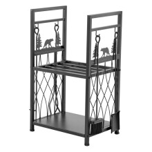 Houtopslag voor Kachelhout op 2 Niveaus-Duoku-Houtrek voor Binnen-455 x 330 x 765 mm-met Inclusief Haardgereedschap-Borstel