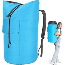 (Light Blue) Extra Large Heavy Duty Laundry Bag 115L with Straps, Army Backpack Style for Laundry & Storage