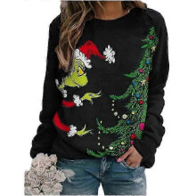 (M, Black) Women Christmas The Grinch Printed Sweatshirt Long Sleeve Crew Neck Blouse Casual Loose Pullover Jum