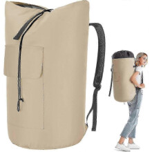 (Khaki) Extra Large Heavy Duty Laundry Bag 115L with Straps, Army Backpack Style for Laundry & Storage