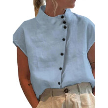 (S, light blue) Women Stand Collar Blouse Female Short Sleeves Shirt Loose-Fit Button-Down Shirt Tops Ladies Cotton Linen Shirt Blouse light blue XXL