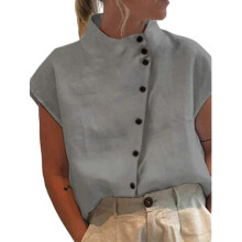 (S, Gray) Women Stand Collar Blouse Female Short Sleeves Shirt Loose-Fit Button-Down Shirt Tops Ladies Cotton Linen Shirt Blouse light blue XXL
