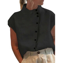 (XL, Black) Women Stand Collar Blouse Female Short Sleeves Shirt Loose-Fit Button-Down Shirt Tops Ladies Cotton Linen Shirt Blouse light blue XXL