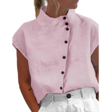 (L, Lotus color) Women Stand Collar Blouse Female Short Sleeves Shirt Loose-Fit Button-Down Shirt Tops Ladies Cotton Linen Shirt Blouse light blue XXL