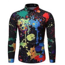 (2XL, Black) Mens Lapel Graffiti Colorful Four Seasons Long Sleeve Shirt