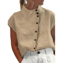 (M, Khaki) Women Stand Collar Blouse Female Short Sleeves Shirt Loose-Fit Button-Down Shirt Tops Ladies Cotton Linen Shirt Blouse light blue XXL