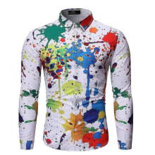 (S, White) Mens Lapel Graffiti Colorful Four Seasons Long Sleeve Shirt