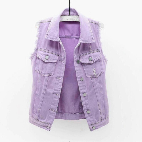 (m, Purple) Women's Spring And Autumn Coat Solid Color Sleeveless Denim Jacket Jacket_1